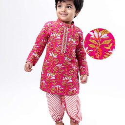EARTHY TOUCH Cotton Woven Full Sleeves Kurta Dhoti Set with Floral Print - Pink & Orange-image-90