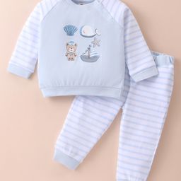 ToffyHouse Interlock Knit Full Raglan Sleeves Striped & Bear Printed T-Shirt & Bottom Set - Light Blue-image-20