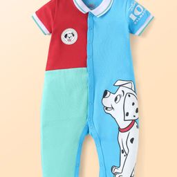 Babyhug Disney Interlock Knit Half Sleeves Front Open Collared Cut & Sew Romper with 101 Dalmatian Graphics & Badge Detailing - Light Blue-1