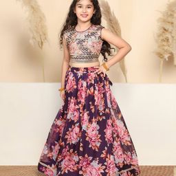 Fashion Dream Sleeveless Floral Printed & Sequins Embellished Lehenga Choli Set - Violet-image-83