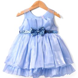 Babyhug Woven Sleeveless Fit & Flare Party Dress with Bow Applique & Sequins Detailing - Light Blue-image-99