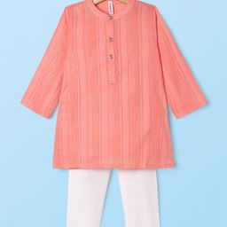 Babyhug Woven Full Sleeves Kurta Pyjama Set With Stripes - Coral-image-48