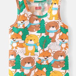 Babyhug 100% Cotton Knit Sleeveless Sando with Bear Print - White Yellow & Brown-image-33