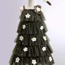 Enfance Sleeveless Floral Applique Detailed Beads Embellished Layered Dress With Headband - Mehendi-picture-4