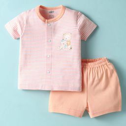 Zero Interlock Knit Half Sleeves Shorts Night Suit With Stripes & Teddy Bear Print - Orange-image-22