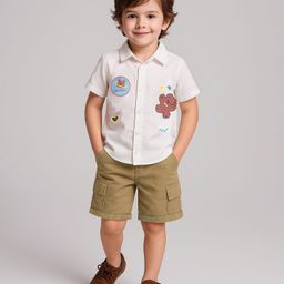 Mark & Mia Cotton Woven Half Sleeves Shirt & Shorts Set With Teddy Bear Print - White-image-53