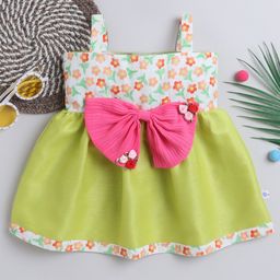 Many frocks & Sleeveless Floral Printed Bow Applique Detailed & Threadwork Embroidered Dress - Green-image-64