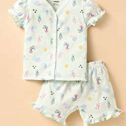 CUCUMBER Sinker Knit Half Puffed Sleeves Co-ords Shorts Night Suit with Sea Life Print - Sea Green-image-63