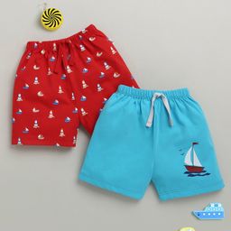 BUMZEE Cotton Knit Above Knee Length Boat & Lighthouse Printed Shorts Pack of 2 - Blue & Red-image-92