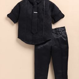 LITTLE COLLARS Blended Full Sleeves Checked Shirt & Trouser With Tie Set - Black-image-21