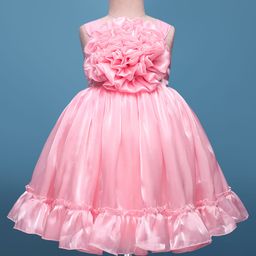Bluebell Satin Woven Sleeveless Party Frock With Floral Corsage - Pink-image-78
