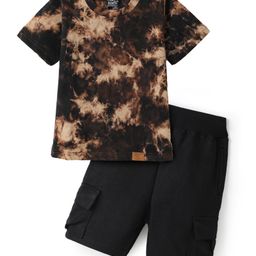 Funkrafts Premium Cotton Knitted Half Sleeves Tie Dye Tee & Shorts Set - Brown & Black-picture-10