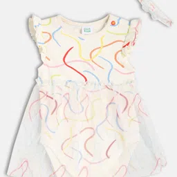 MINI KLUB Cotton Knit Frill Sleeves Abstract Printed Frock Style Onesie With Headband - Multi Colour-picture-43