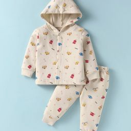 Simply Fleece Knit Full Sleeves Hooded Winter Co-ords Night Suit with Robot Print - Cream-image-70