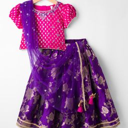 Babyhug Brocade Woven Half Puffed Sleeve Choli Lehenga & Dupatta with Floral Foil Design - Purple & Dark Pink-picture-22