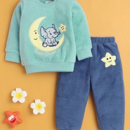 BUMZEE Cotton Blend Knit Full Sleeves Elephant On Moon Embroidered Light Winter Sweatshirt & Jogger Set- Sea Green & Blue-picture-21