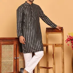 Anouk Black Striped Printed Mandarina Collar Kurta With Trouser-picture-15