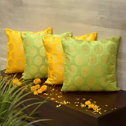 RoyalDeco Mandala Green & Yellow 4 Pieces Ethnic Motifs Brocade Silk Square Cushion Covers-image-72