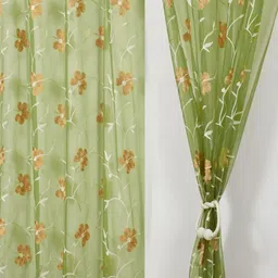 Aura Green & Beige Set of 2 Embroidered Sheer Long Door Curtain-3