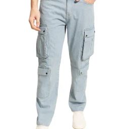 BENE KLEED Blue Cotton Relaxed Fit Solid Cargo Jeans-image-65