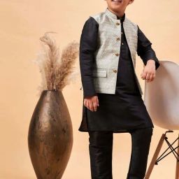 VASTRAMAY Boys Beige & Black Self Full Sleeves Kurta Sets-image-73