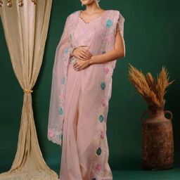 Satrani Rose Pink Embroidered Saree With Unstitched Blouse-image-112