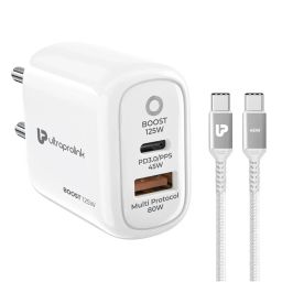 UltraProlink 125W Dual USB Multi Protocol Fast Travel Charger with 1m C Cable (White) image 1