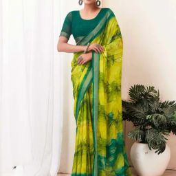 Satrani Lime Green & Green Floral Print Saree With Unstitched Blouse-image-58