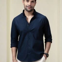 Perch Navy Blue Linen Blend Slim Solid Casual Shirts-image-77
