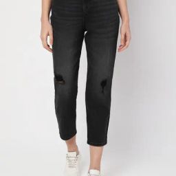 Vero Moda Black Cotton Distressed High Rise Mom Jeans-image-17