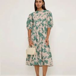 Utsa by Westside Beige Botanical Design Cotton A-Line Dress-image-94