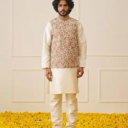 Jompers Beige Regular Fit Embroidered Kurta Set With Jacket-image-3