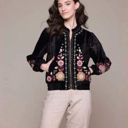 Label Ritu Kumar Black Tressa Velvet Bomber Jacket-image-39