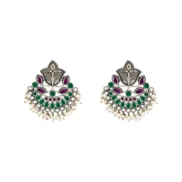 Teejh Nimrat Green & Maroon Stone Silver Oxidized Drop Earrings image 3