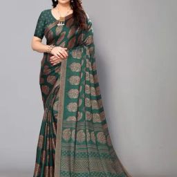 FABMORA Green Floral Print Saree With Unstitched Blouse-image-41