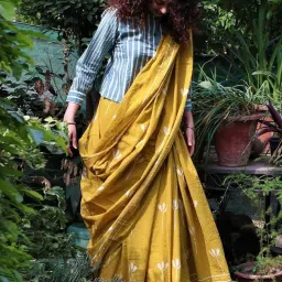 Chidiyaa Yellow Block Printed Cotton Mul Saree Gul image 1