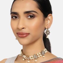 Zaveri Pearls Gold Tone Kundan Flowers & Pearls Choker Necklace Earring & Maangtikka Set-ZPFK9974-image-27
