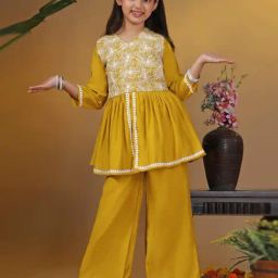 Fashion Dream Kids Mustard Embroidered Kurti With Pants Set-picture-39