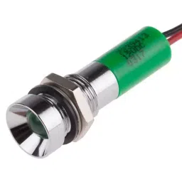RS PRO Green Panel Mount Indicator 12V DC, Mounting Hole Size 8 mm, Termination Type Lead Wires, IP Rating IP67, Model No 7239413-5