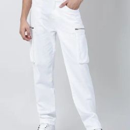 BENE KLEED White Cotton Straight Fit Solid Cargo Jeans-picture-19