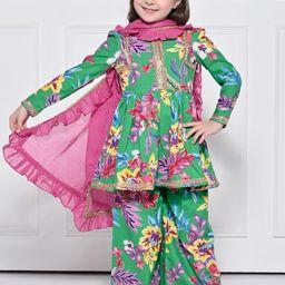 THE PONY & PEONY CO. Girls Floral Printed Cotton A-Line Kurta with Palazzos & Dupatta-image-78