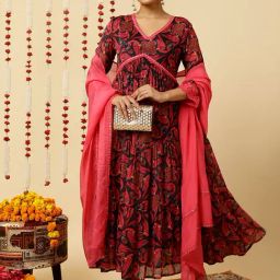 Jaipur Kurti Fuchsia Printed Flared Kurta With Dupatta image 3