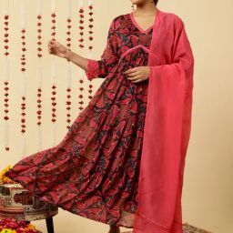 Jaipur Kurti Fuchsia Printed Flared Kurta With Dupatta-48