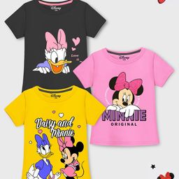 YK Disney Girls Pack Of 3 Minnie Mouse Graphic Printed Round Neck Cotton T-shirts-17