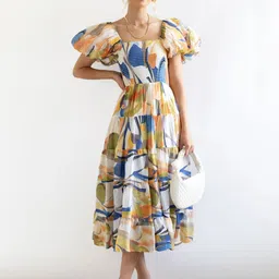 Mast & Harbour Women Printed Puff Sleeve Smocked Square Neck Tiered Fit & Flare Midi Dress-picture-20