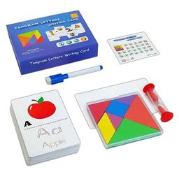 Happy Hues Wooden Tangram With Alphabet Writing Wipeable Card Learning & Creative Puzzle 3D Puzzle Road Trip Game IQ brain Teaser Toys - Multicolor-18