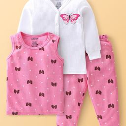 Babyoye Cotton Modal Knit Drop Needle Full Sleeves Thermal Vest & Pant Set Bow Design - Pink-image-12