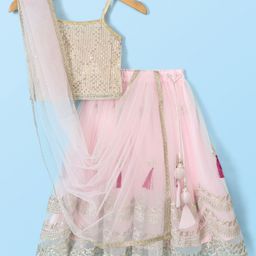 Babyhug Sleeveless Sequenced Choli with Net Embroidred Lehenga and Dupatta Set - Pink-image-85