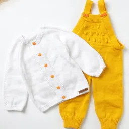 The Original Knit Unisex Full Sleeves Solid Self Design Handmade Knitted Dungaree Set -White & Yellow-picture-10