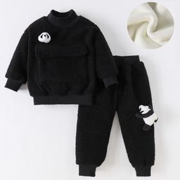 Kookie Kids Full Sleeves Top & Lounge Pants Set With Panda Applique & Solid Color - Black-image-20